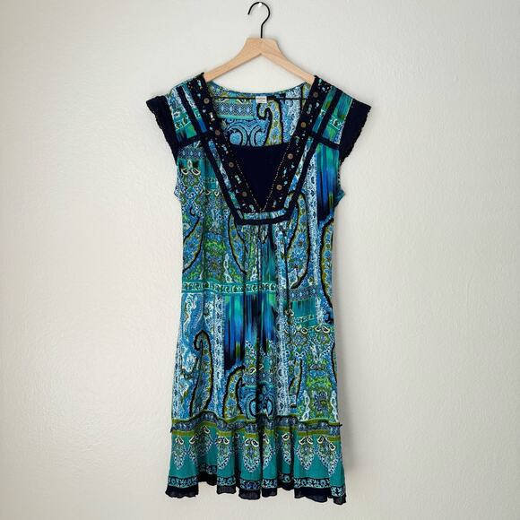 Y2K Bila Womens Multicolor Midi Dress Boho Short Sleeve V-Neck Flowy Size Medium - Picture 1 of 9